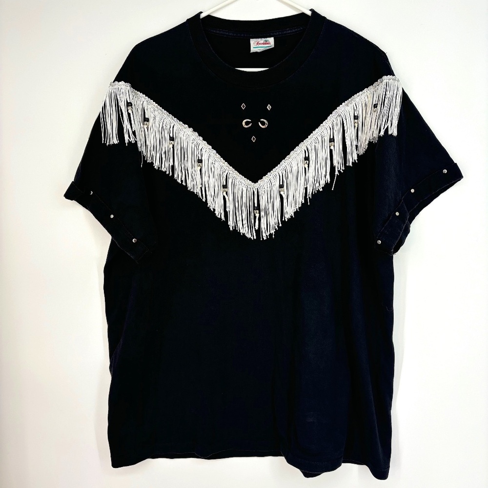 Hazelwoods Womens XL Oversized Embellished T-Shirt Faded Black Fringe Western